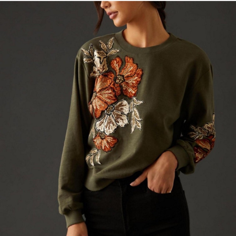 Anthropologie Floral Appliqué Sweatshirt S
